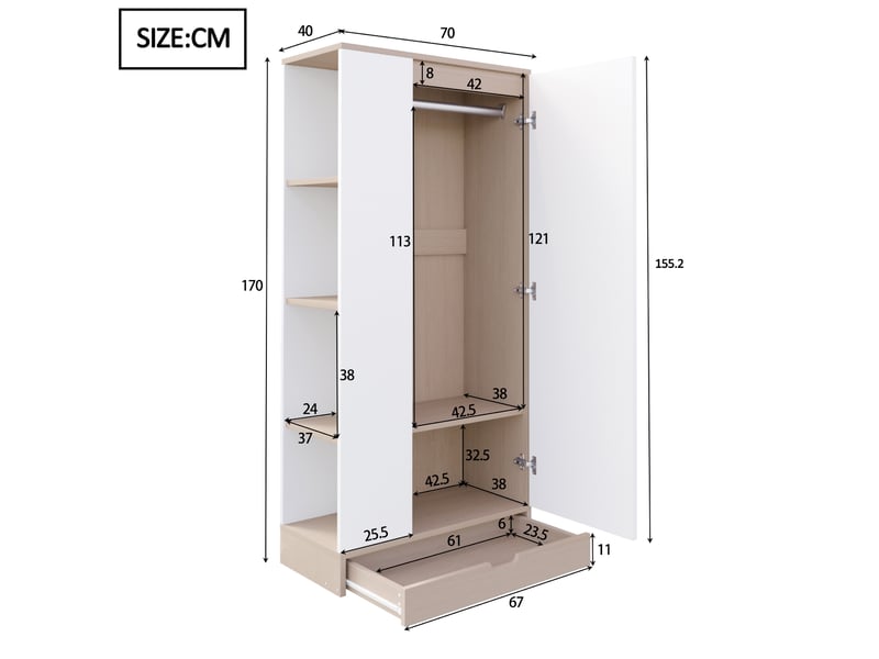  Armoire 1 porte avec étagères et tiroirs, rangement pour chambre ou bureau, en bois, blanc et naturel, 70 × 40 × 170 cm  - Conforama D
