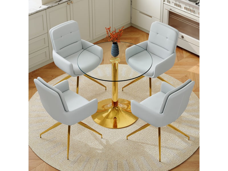 Ensemble table et chaises avec 1 table et 4 chaises pivotantes - verre, métal et pu - transparent, or, gris - Conforama C