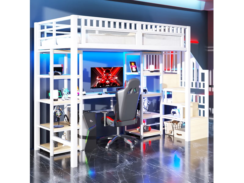 Lit mezzanine 90 x 200 cm avec bureau, rangements, échelle, led et usb, blanc  - Conforama B