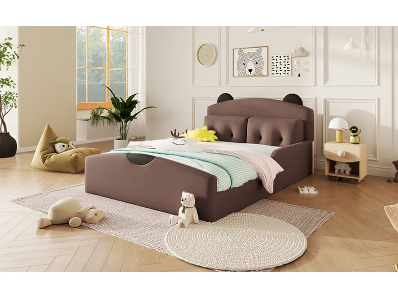  Lit enfant 2 places 140×200 cm avec tête de lit ours rembourrée - okmyhome- 2 coussins, lin café, sans matelas  - Conforama E