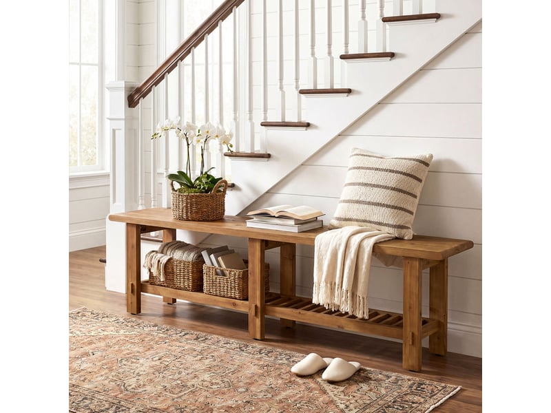  Banc en bois massif, banc de bout de lit de 160 cm style maison de campagne avec étagère, banc pour chambre, salon, entrée et couloir, brun rustique  - Conforama E