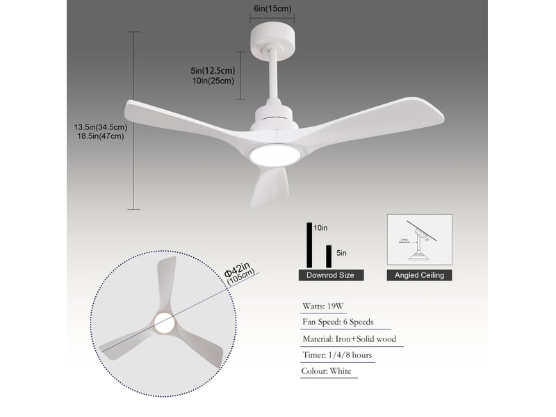  Ventilateur de plafond 106 cm blanc, métal et bois, led 3cct, moteur dc réversible, télécommande  - Conforama C