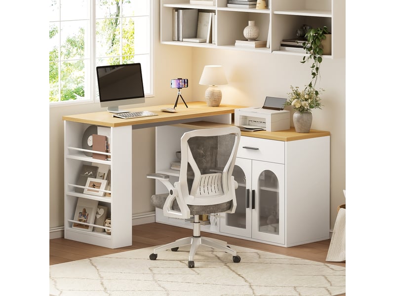 Îlot de cuisine pivotant 360° 136x50 cm avec rangement, table bar, tiroir, étagères, placards vitrés, table polyvalent - blanc - Conforama C