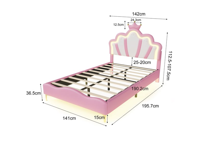  Lit simple 140x190 cm, lit capitonné enfant avec rgb led et tête de lit couronne réglable, lit capitonné avec sommier, rose  - Conforama E