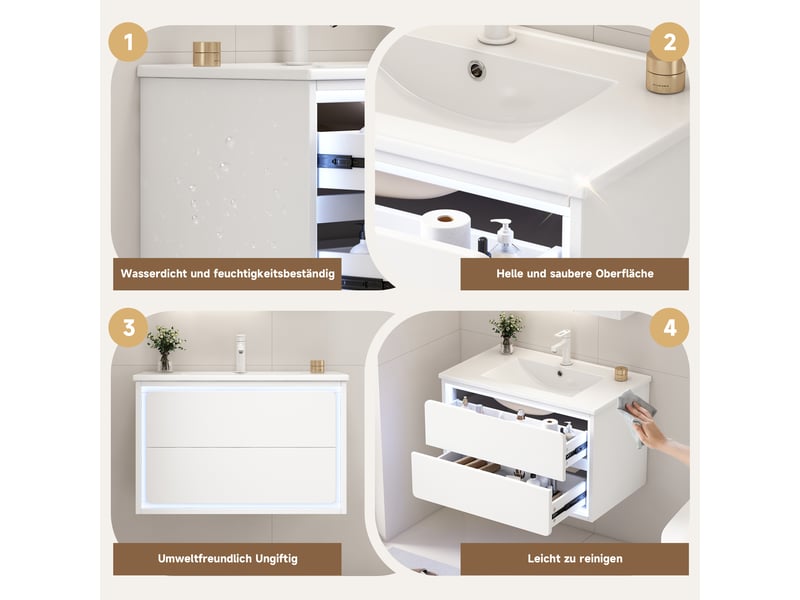  Meuble sous-vasque suspendu 2 tiroirs avec vasque céramique et led blanc  - Conforama D