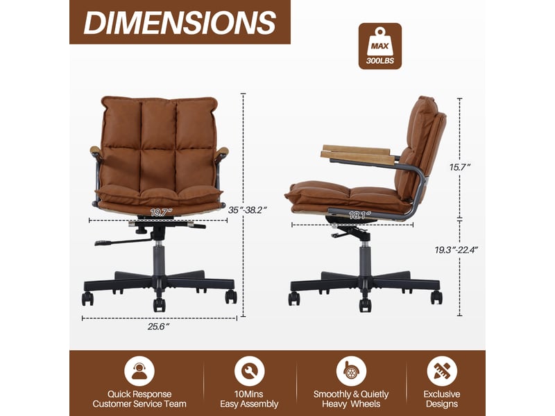  Fauteuil de bureau ergonomique en cuir marron avec accoudoirs en chêne, pivotant et réglable  - Conforama C