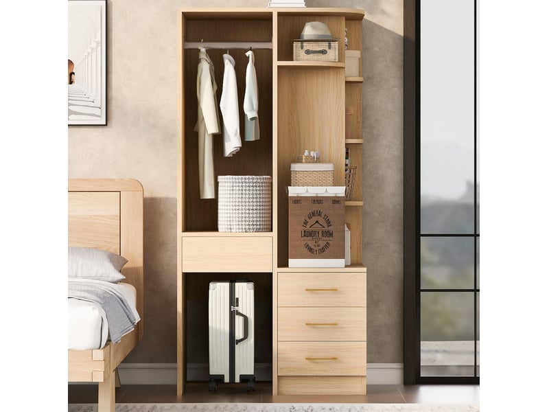  Armoire ouverte 70 x 55 x 175 cm avec penderie, étagères et 3 tiroirs, bois  - Conforama B