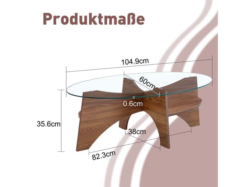  Table basse ovale 104,9x60x35,6 cm, table de salon, plateau en verre, pour salon, mdf, élégante, transparent et noyer  - Conforama C