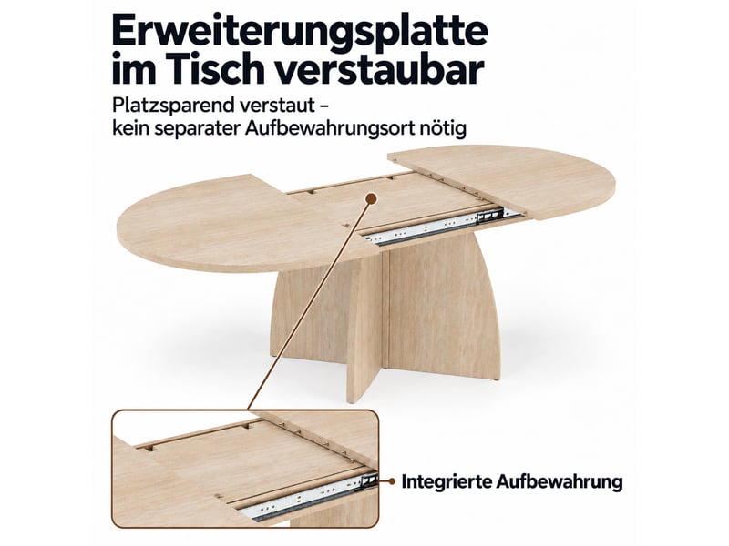  Table à manger extensible 120 à 180 x 90 x 75 cm, 6 à 8 personnes, angles arrondis et plateau renforcé, mdf, couleur travertin Morn Vibe - Conforama E