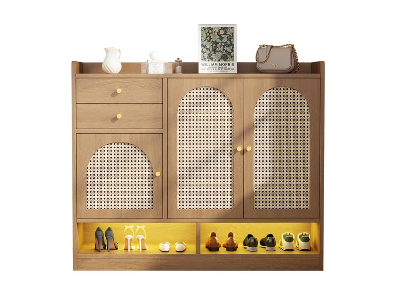 Meuble à chaussures 120x35x100 cm naturel mdf et panneau de particules, 3 portes 2 tiroirs led rangements - Conforama A
