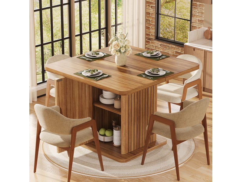  Table de salle à manger carrée 4 personnes avec rangement fermé et 2 étagères, en mdf métal, bois foncé, 80 × 80 × 76 cm  - Conforama C