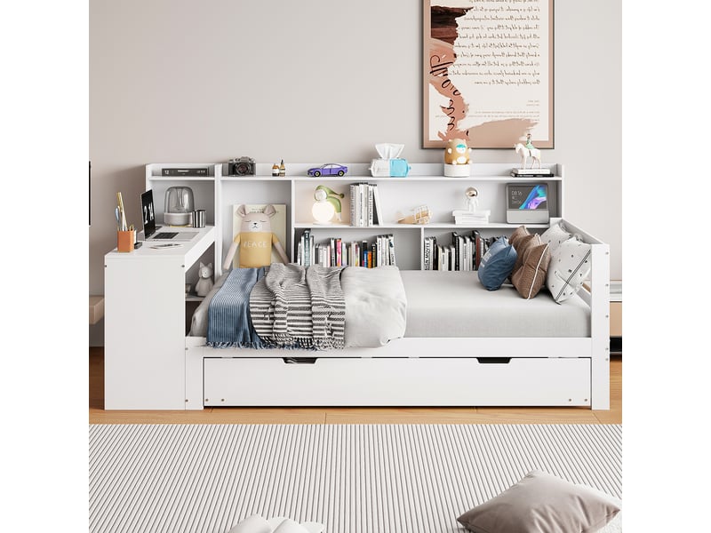 Lit banquette gigogne en bois massif blanc 90x200 cm, bureau, rangements et prise - Conforama B