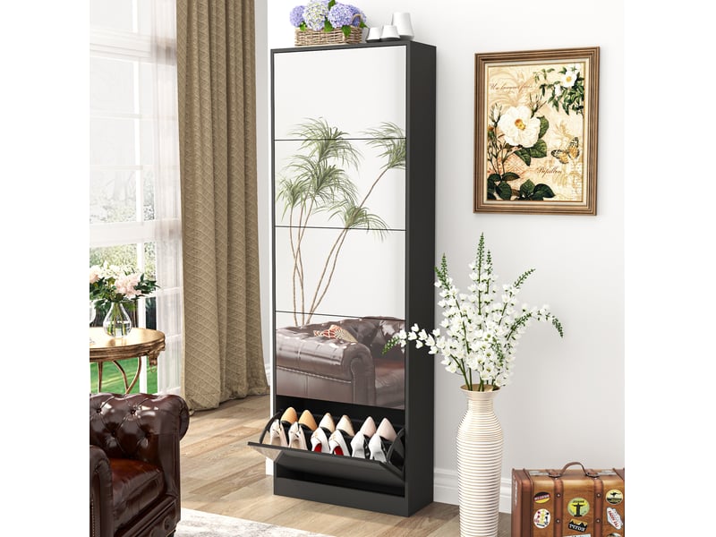 Meuble à chaussures à 5 abattants avec miroir et rangement double niveau pour entrée en mdf noir 63 × 23,6 × 185 cm - Conforama B