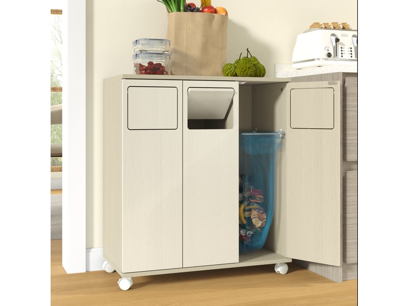 Meuble de tri des déchets 69,3x35x80 cm 3 portes mobile mdf blanc et aspect bois clair, confort optimal - Conforama D