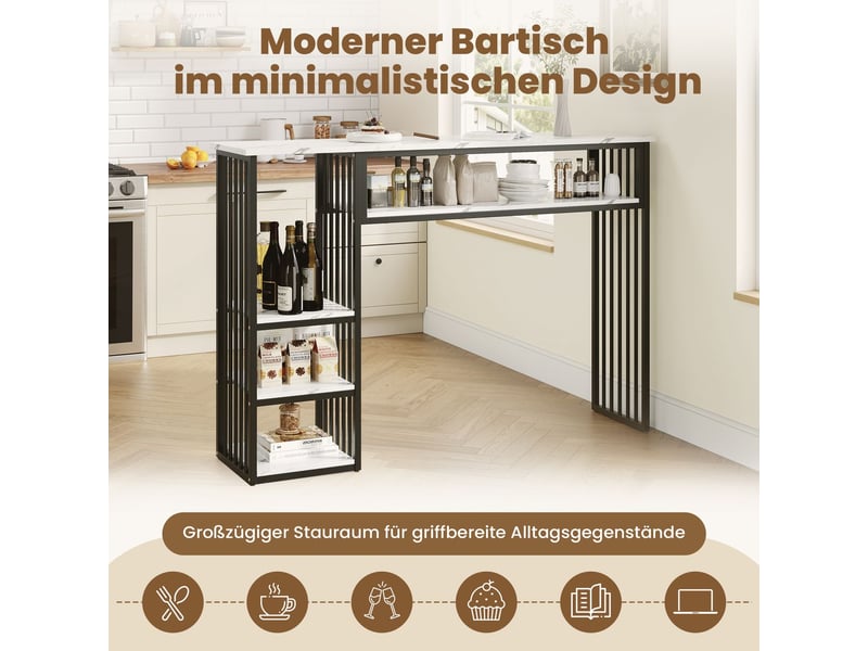  Table de cuisine 140 x 40 x 105 cm rangement intégré 3 compartiments de rangement plateau en mdf effet marbre structure en métal noir format table haute  - Conforama E