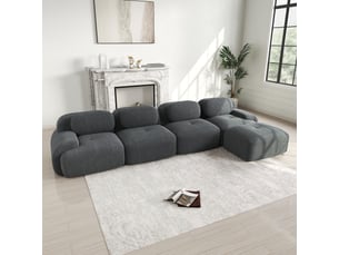 Canapé d'angle modulable 4 places en velours côtelé gris avec méridienne, mousse 32d