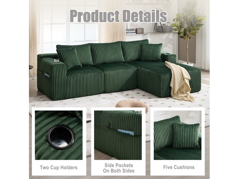  Canapé modulable 3 places 257x160x62 cm avec chaise longue, velours côtelé, vert émeraude  - Conforama D