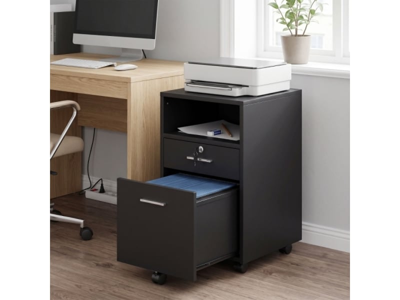  Caisson de bureau noir, 2 tiroirs, 1 verrouillable, 5 roulettes, 40x40x65 cm  - Conforama B