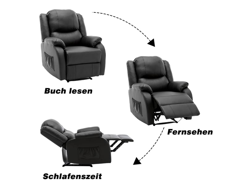 Fauteuil relax inclinable manuel 80x90x100 cm, déployé 165 cm, poche latérale, cordon de tirage, cuir pu, noir - Conforama D
