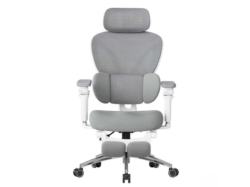  Chaise de bureau ergonomique pivotante avec repose-pieds, soutien lombaire et accoudoirs réglables en maille grise  - Conforama A