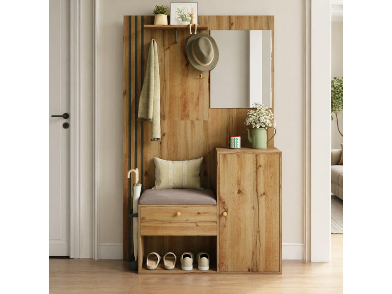  Meuble d'entrée avec miroir, assise rembourrée et étagères réglables en mdf 115×37×185 cm naturel noir  - Conforama B