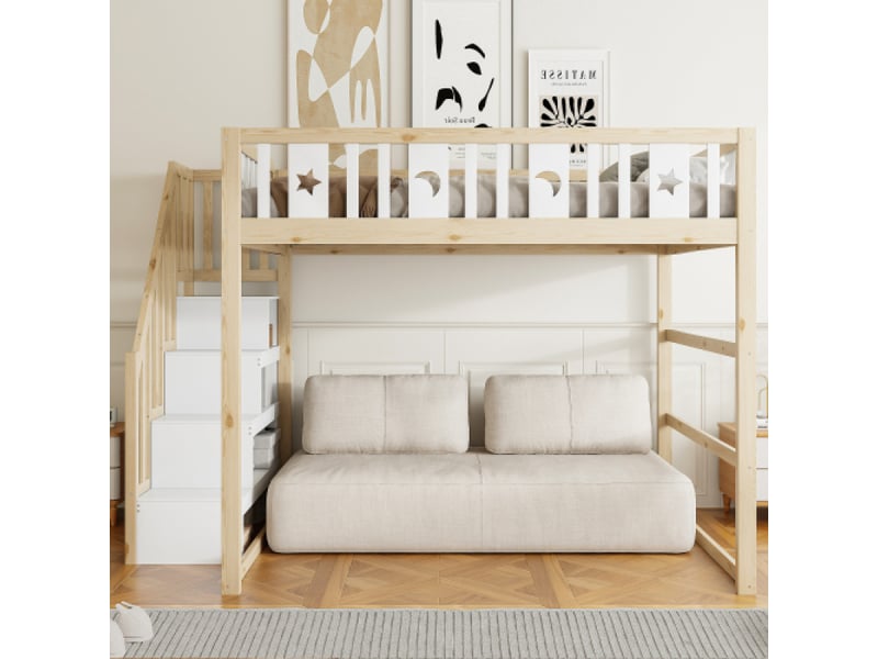  Lit mezzanine avec escalier 140x200 en bois massif avec escalier, rampe sécurité et décoration étoile et lune  - Conforama C