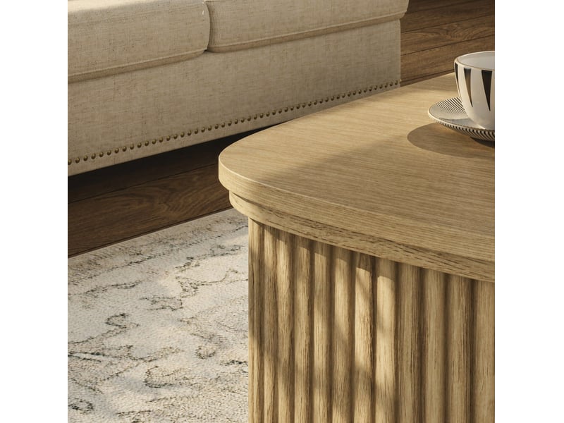  Table basse ronde 80 cm en panneau de particules bois clair, plateau relevable avec rangement dissimulé pour salon  - Conforama D