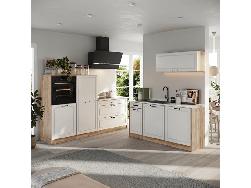  Vicco cuisine, blanc campagnechêne doré, 220cm plan de travail anthracite  - Conforama C