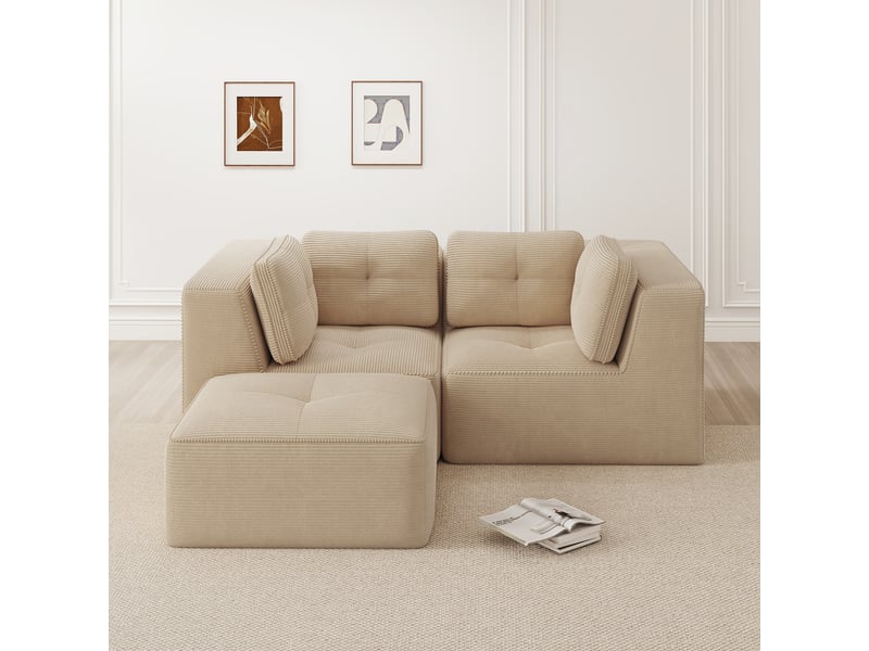  Canapé d'angle modulaire avec modules configurables, base antidérapante et tissu cord beige  - Conforama C