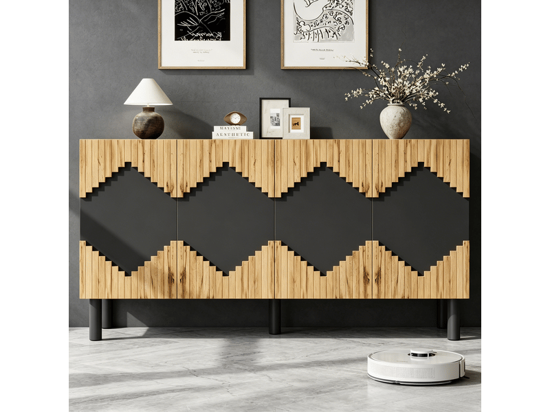  Buffet moderne 140 cm bois et noir avec 4 portes motif losange 3d  - Conforama E