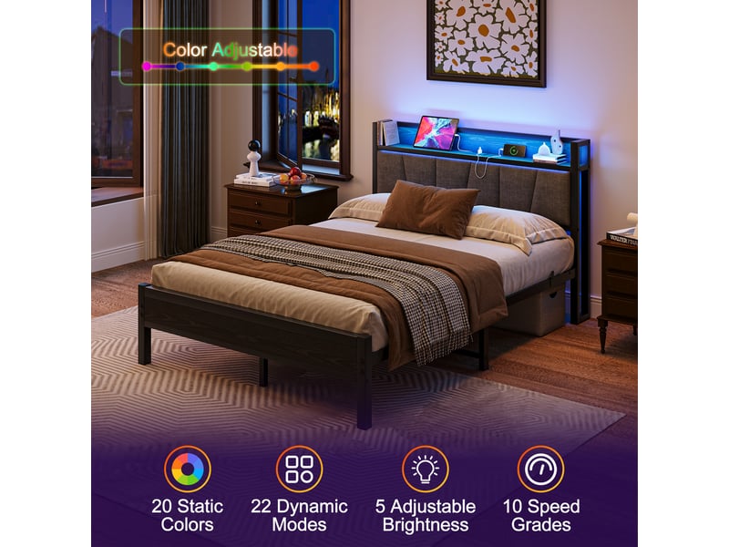  Lit double 140×190 cm avec rangement en tête de lit, éclairage led, prise et usb - okmyhome- noir, sans matelas  - Conforama E