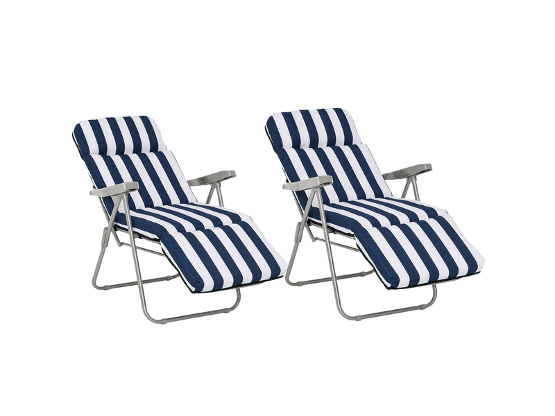  2 chaises longues pliantes de jardin avec accoudoirs, pliables, 5 positions, coussin, bleues, 60 x 75 x 102 cm  - Conforama A