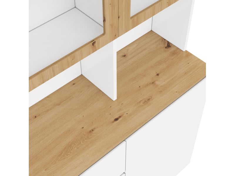  Vitrine haute 120x200x24,5 cm blanc et chêne mdf, led et rangement multifonction pour salon et cuisine  - Conforama E