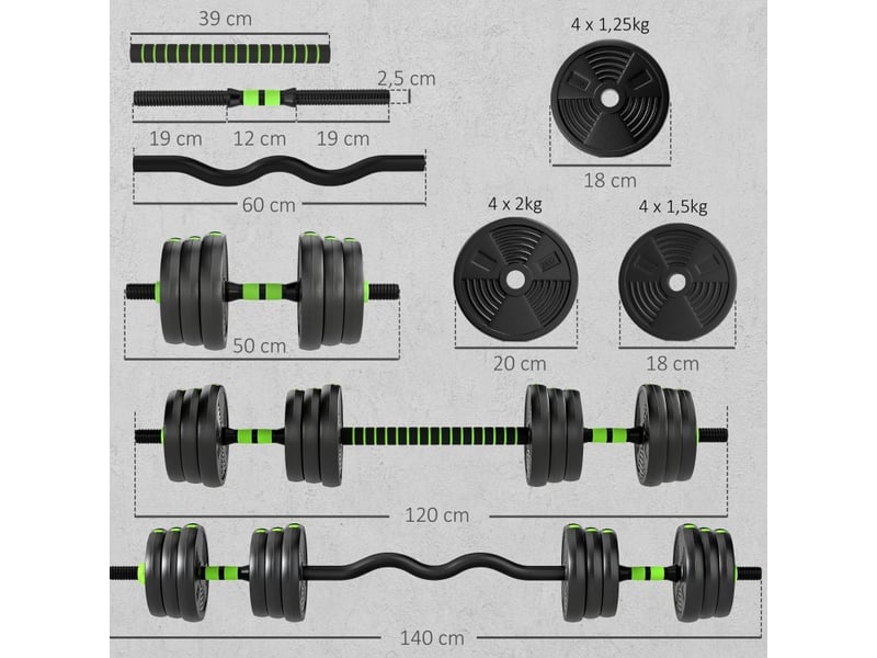 Set d'haltères réglables 20 kg 140 x 20 x 20 cm – vert – 3-en-1 avec barres droite et ez, musculation - Conforama C