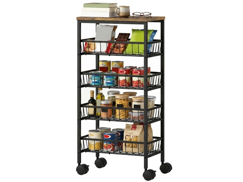  Desserte de cuisine à roulettes 4 niveaux avec 4 paniers coulissants – chariot de service étroit 40 x 24 x 81,5 cm en métal noir et bois rustique pour cuisine, salle de bain et salon (max. 15 kg)  - Conforama C