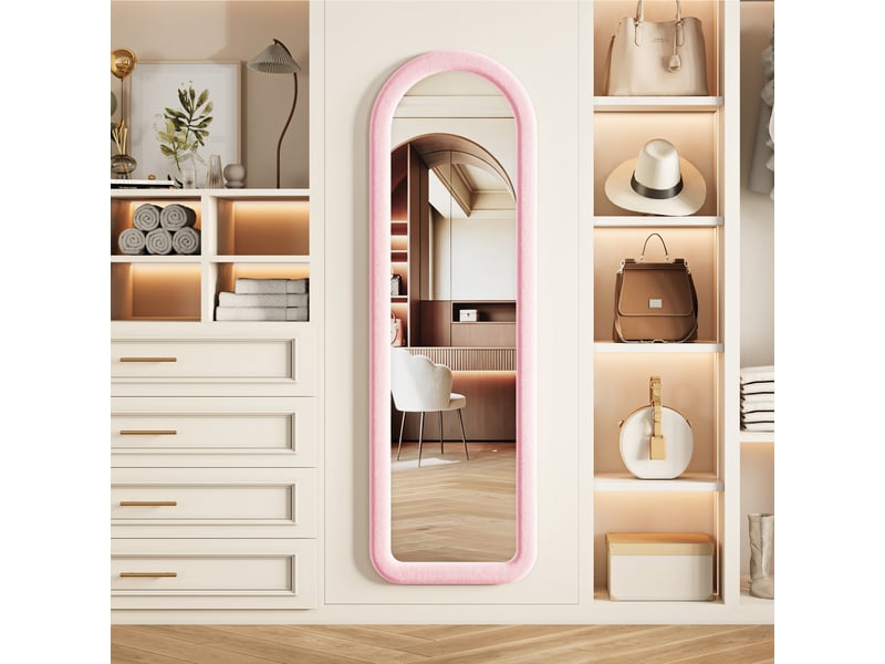  Miroir plein pied arche 160x50 cm, cadre rembourré en flanelle rose, miroir au sol décoratif pour chambre et salon  - Conforama B