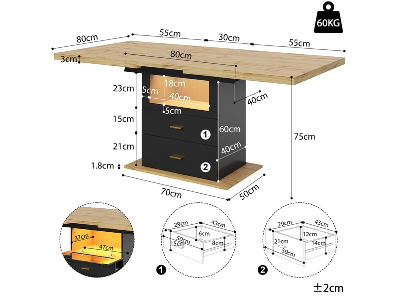 Table à manger extensible 140x80x75 cm - mdf bois + métal - 6 personnes - led éclairage intégré - 2 tiroirs - Conforama C