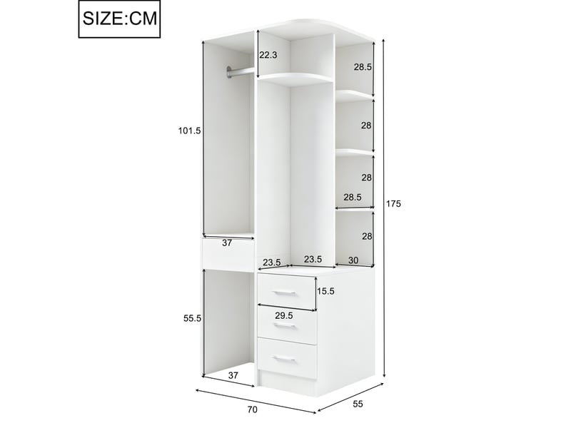  Armoire avec 1 porte, étagères ouvertes, tiroirs et penderie, pour chambre, en mdf, blanc, 70 × 55 × 175 cm  - Conforama D