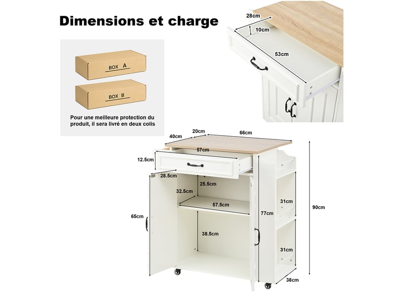  Desserte de cuisine 66x40-60x90 cm sur roulettes, plan rabattable, 1 tiroir, 2 portes, en mdf, couleur blanc et bois  - Conforama C