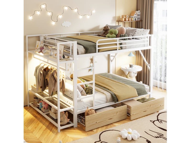  Lit superposé 140x200cm, lit enfant, adulte, led, 2 tiroirs, rangements et penderie, mdf et métal, blanc sans matelas  - Conforama D