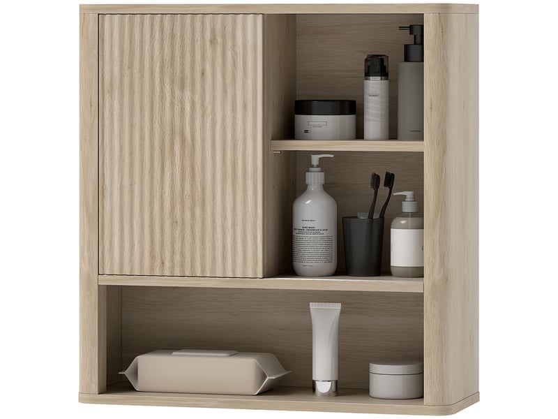  Armoire murale salle de bain avec étagères réglables, bois naturel, porte coulissante et étagères ouvertes  - Conforama B