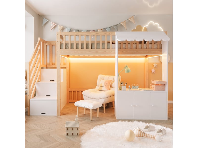  Lit mezzanine 90x200 cm, escalier et placards de rangement, led multicolores, en bois, bois clair et blanc  - Conforama C
