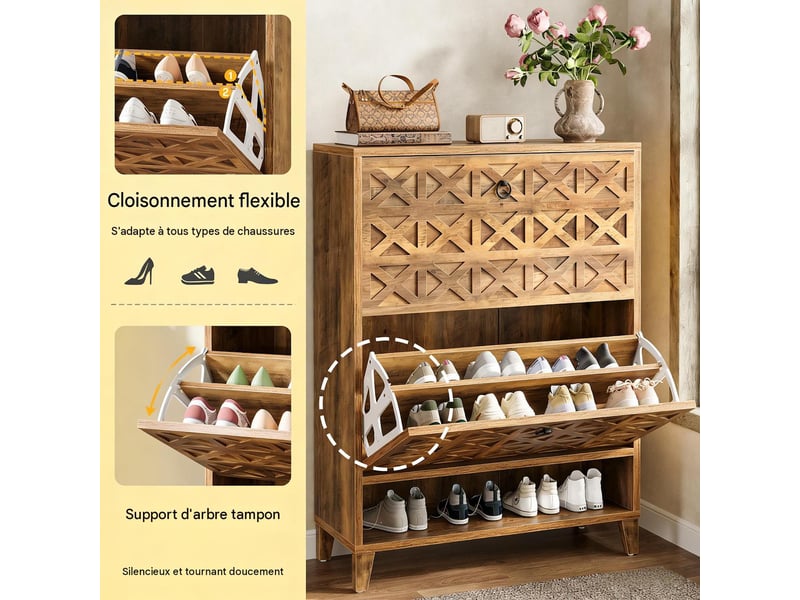  Meuble à chaussures avec 2 tiroirs abattants en mdf marron et métal 80x24x110 cm  - Conforama D
