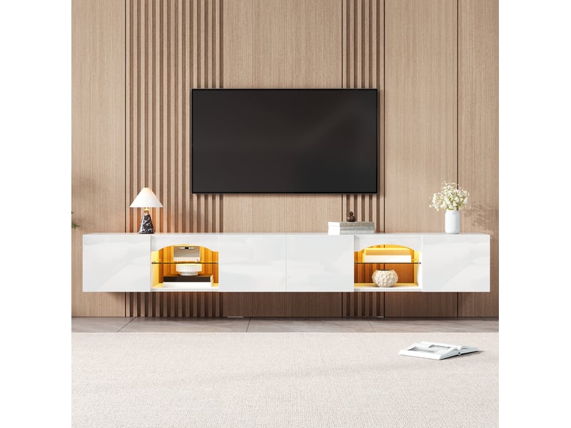  Meuble tv bas 4 portes avec led pilotée par application 200x30x28 cm blanc brillant  - Conforama W