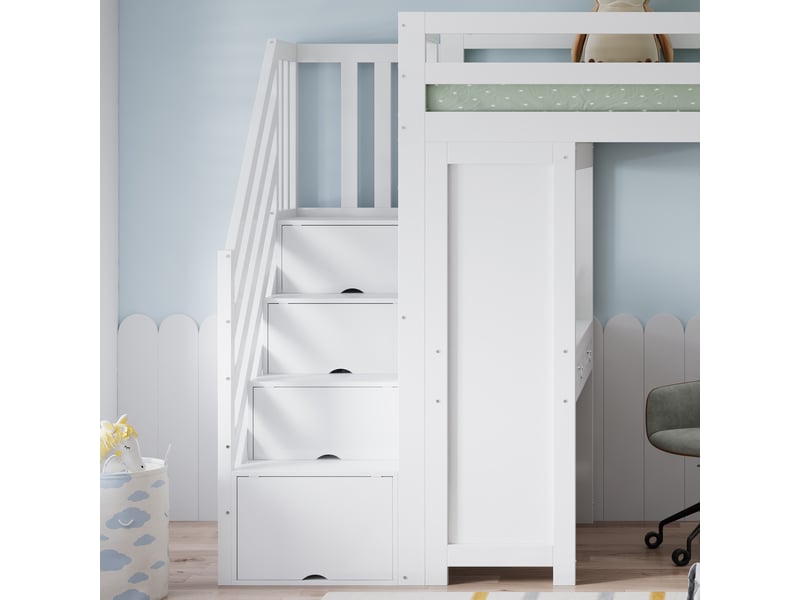  Lit haut pour enfant avec espace étude, tiroirs et étagères, 90x200cm, blanc  - Conforama E