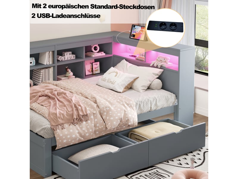 Lit coffre 90x200 cm avec rangements, led et usb, pin gris, sans matelas - Conforama E