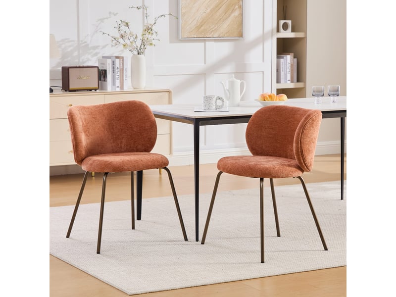  Lot de 2 chaises de salle à manger, chaise de cuisine confortable avec dossier incurvé, tissu chenille doux et pieds en métal bronze, orange  - Conforama C