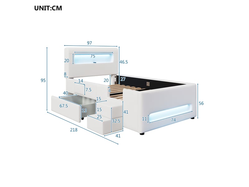  Lit plateforme rembourré 90 x 200 cm avec led, tiroir, marches et port usb, blanc  - Conforama C