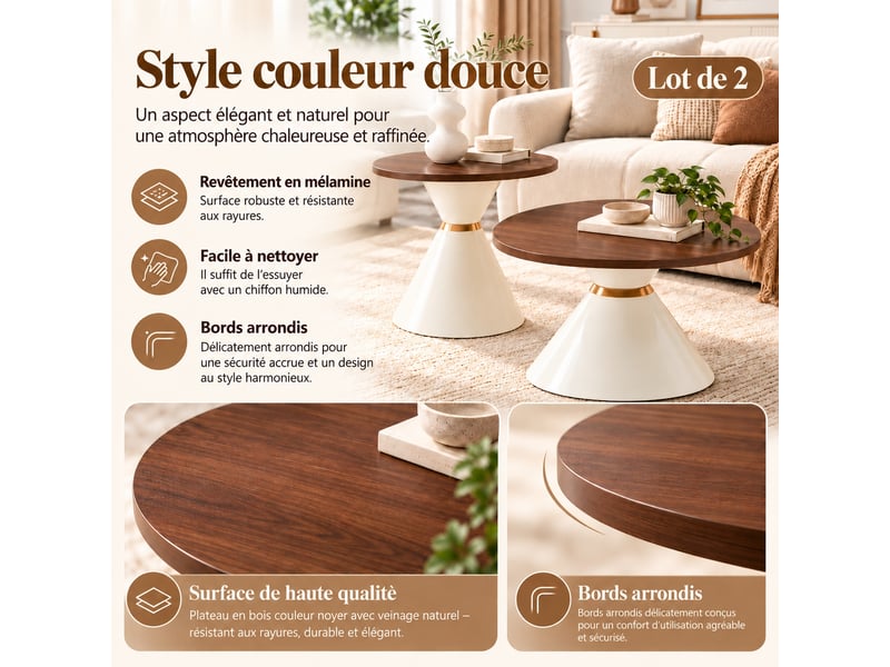 Lot de 2 tables basses rondes, plateau en mdf aspect noyer, structure en métal blanc crème et accents dorés, ø 7050 cm.  - Conforama E