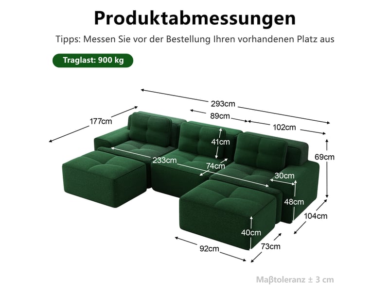  Canapé modulaire u 3 places 293x177x69 cm avec ottomans velours côtelé vert  - Conforama E